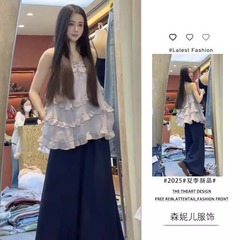 小柄な方向けの女性服一式 2025年夏新作 ニッチファッション レースサスペンダー ワイドパンツ 2点セット