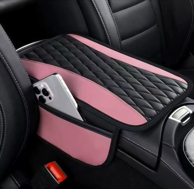 Armrest box pad – armrest cover, memory foam - double-rhombus-with-side-ears-black-and-pink