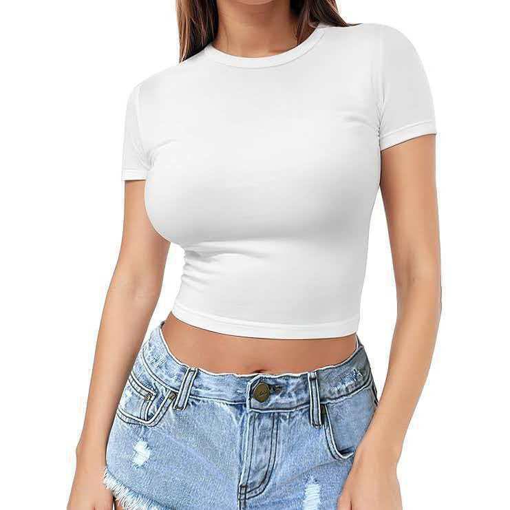 Diseño de camiseta de umbilical delgada transfronteriza de color sólido de verano simple de manga corta camiseta corta de comercio exterior de mujeres