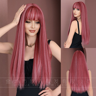 Wig female long straight hair pink highlight lolita natural full head Tik Tok Wigs independent source