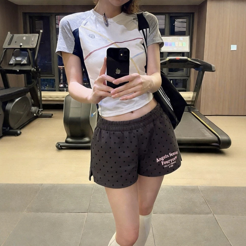 White Polka Dot Sports Shorts for Women, Summer Loose High-Waisted Letter Embroidery Home Casual Outdoor Wear Three-Quarter Hot Pants White Polka Dot Sports Shorts for Women, Summer Loose High-Waisted Letter Embroidery Home Casual Outdoor Wear Three-Quarter Hot Pants