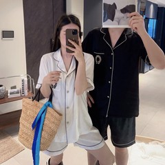 カップルアイスパジャマ春夏モノクロ半袖ショートパンツレディースシルクジャカード刺繍ホームウェアスーツ男