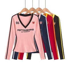 Sweet & Spicy Girl's Autumn New Arrival Printed V-Neck Contrast-Colored Retro Long-Sleeve Sporty Casual Statement T-Shirt – Slim-Fit Base Layer