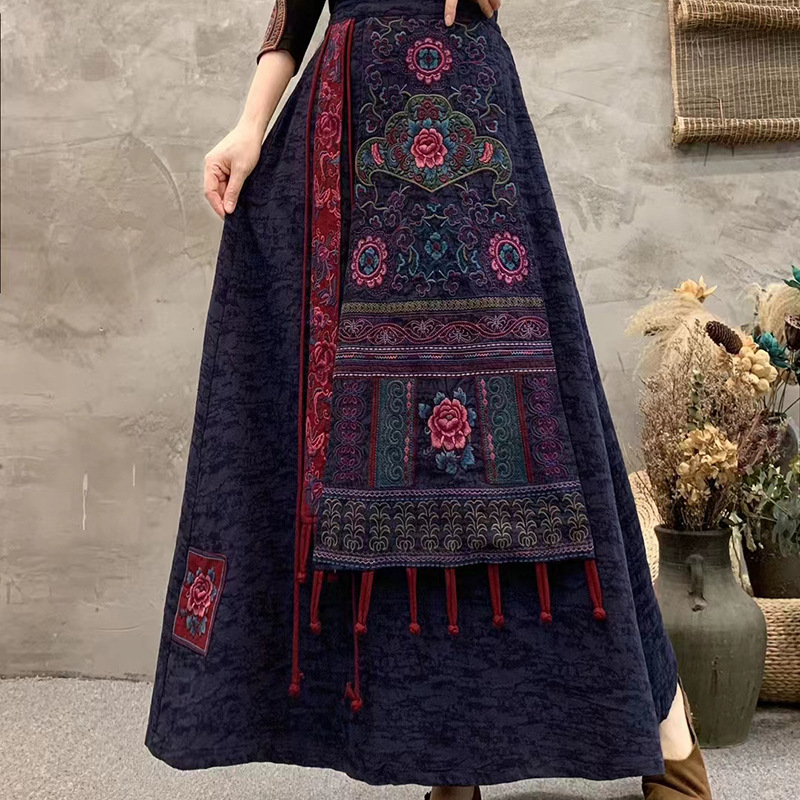 Autumn and Winter Solid Color Cotton and Linen Jacquard Skirt Ethnic Style Tassel Embroidered Women's Horse Face Skirt