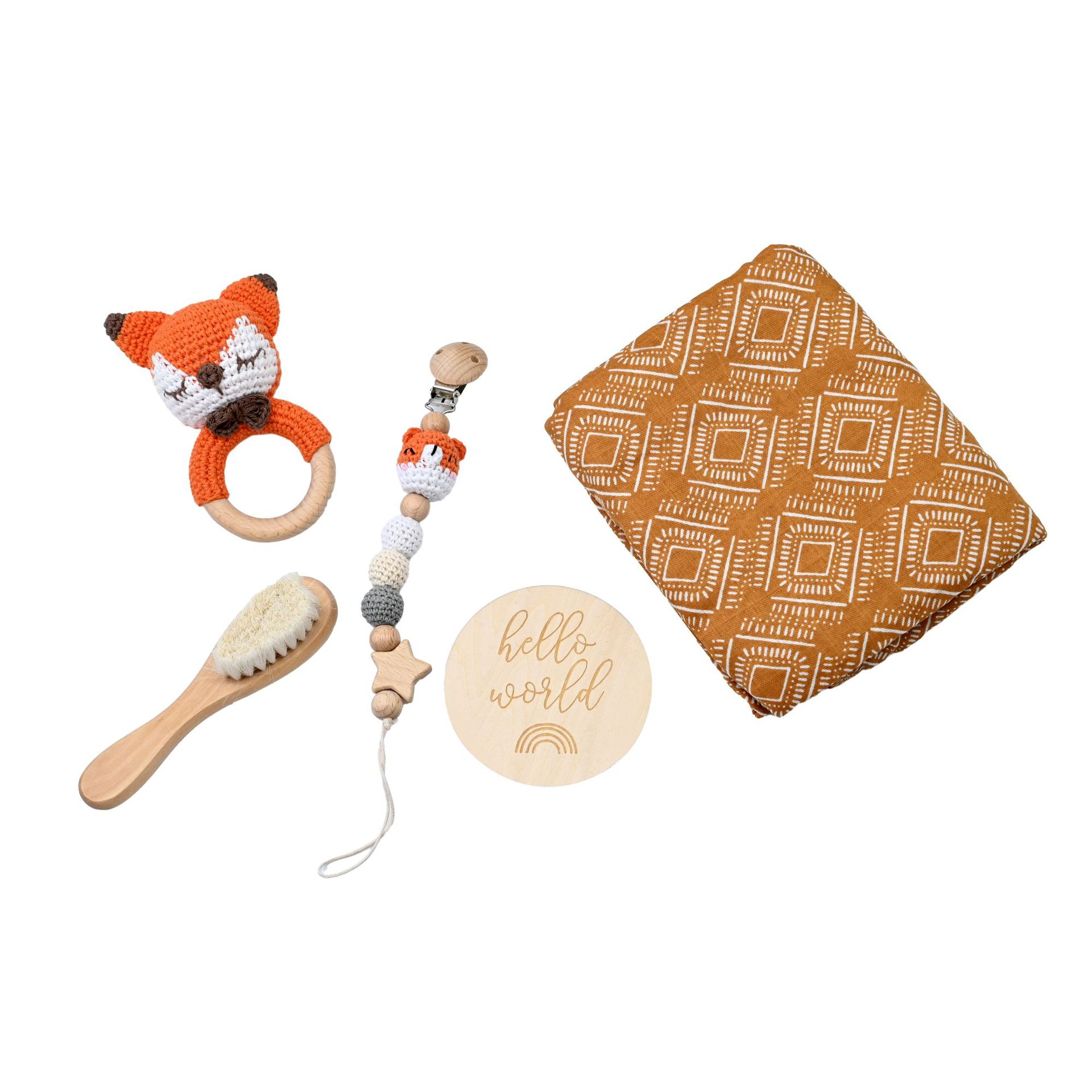 Animales explosivos bebés crochet set de madera de campana caja de regalo de nacimiento tetina cadena bebés de luna llena regalo