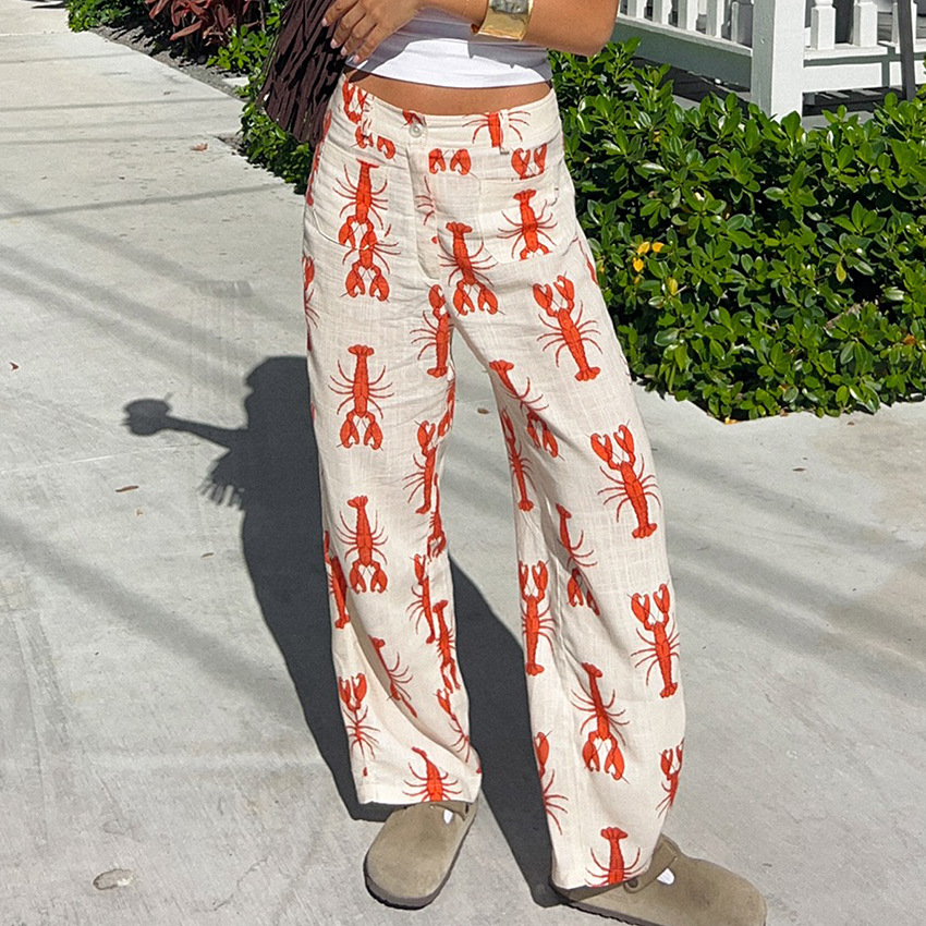 European and American Style New Personalized Lobster Print Casual Long Pants for Women 2026 Spring/Summer Design Fashion Commuter Straight Pants