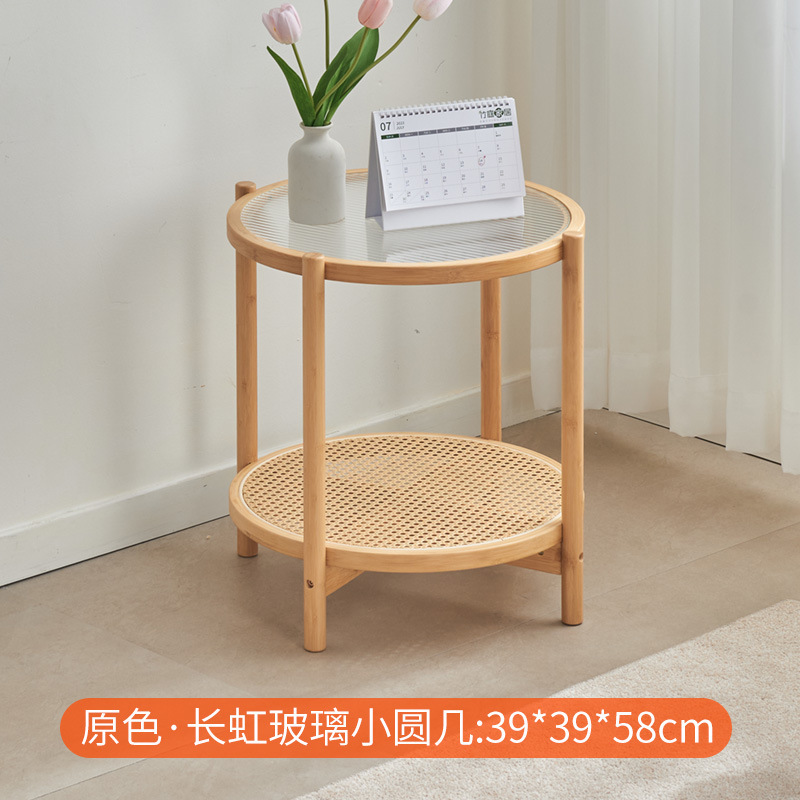 Mesa de centro de vidrio de ratán de madera maciza redonda de estilo japonés, sala de estar, hogar, apartamento pequeño, sofá minimalista moderno, mesa de té pequeña