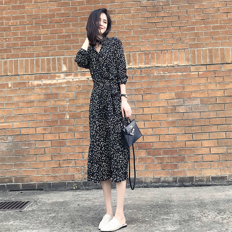 Осенняя новая длинная шифоновая юбка в корейском стиле с принтом, шикарное платье с длинными рукавами и v-образным вырезом на талии с цветочным принтом