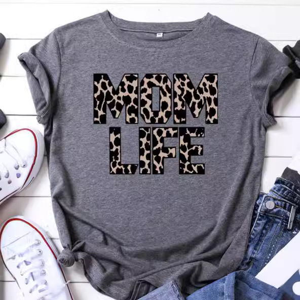 Foreign trade T-shirt color printing leopard momlife printing pattern short sleeve T-shirt AliExpress cross-border supply Foreign trade T-shirt color printing leopard momlife printing pattern short sleeve T-shirt AliExpress cross-border supply