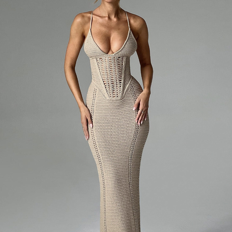 Beach Dress, Sexy V Neck Halter Bodycon Dress, Backless Hollow Out Strappy Knit Maxi Dress._voghion.com
