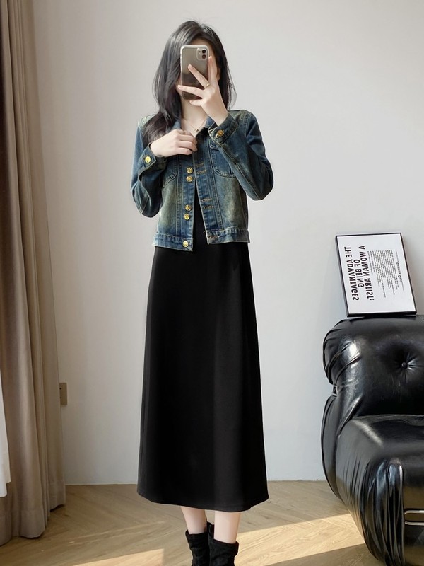 早秋季一整套穿搭感无袖连衣裙子女牛仔短款外套搭配背心长裙|undefined
