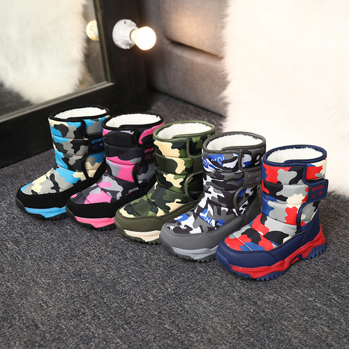 Children's Snow Boots Winter Fleece Lined Warm Medium/Large Kids Cotton Shoes High-Top Camouflage Boots