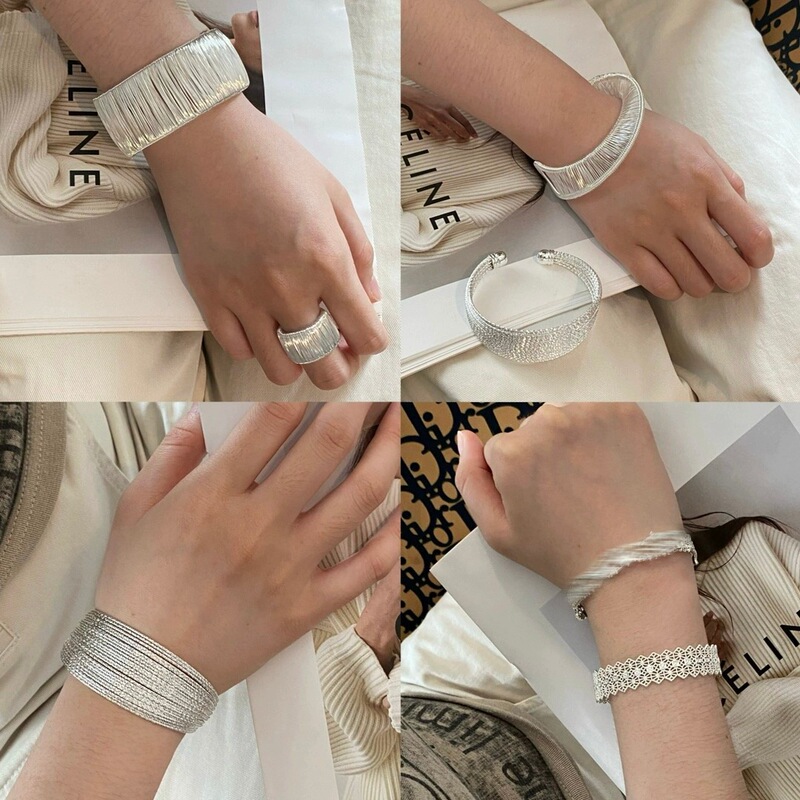 Minimalist Style Irregular Pleated Wide Bracelet, Hollow Lace C-Shaped Open Bracelet, Niche Design Ring Set