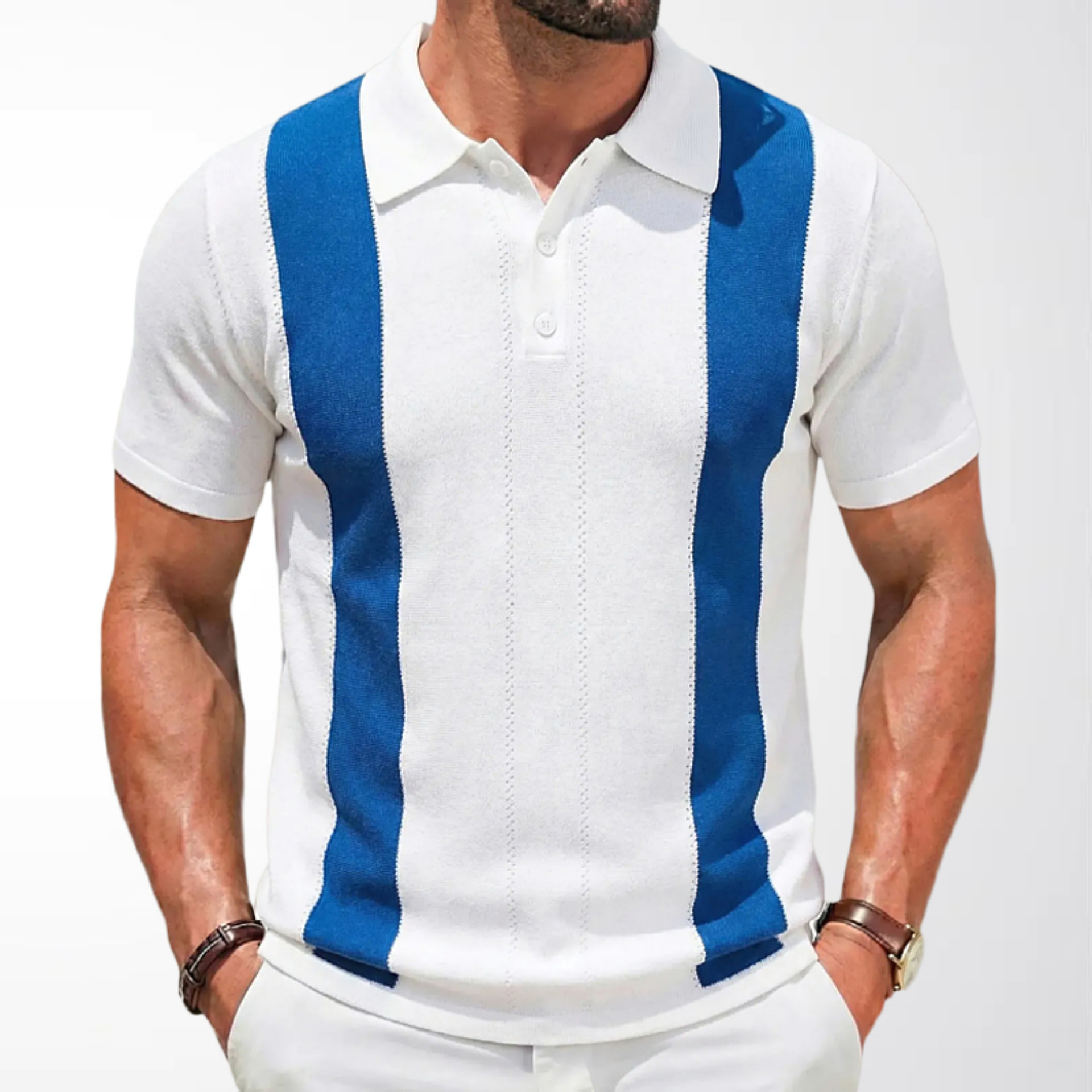 Amazon Men's Clothing Supply Summer Short-Sleeved Men's Knitwear Wide Stripe Contrasting Color Slim Business Polo Shirt Sy0096