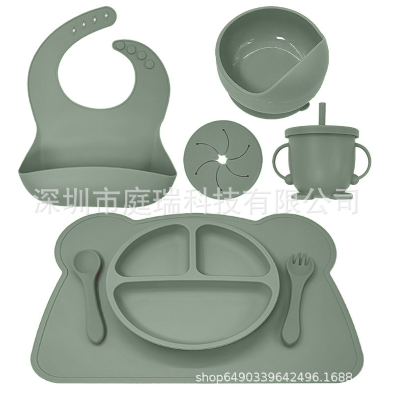 Juego de vajilla de silicona para niños placemat lechón tazón combinación traje bebé comiendo Placa de silicona resistente a la caída comida complementaria