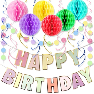 马卡龙生日套装  Happy Birthday烫金横幅拉旗拉花蜂窝球套装批发