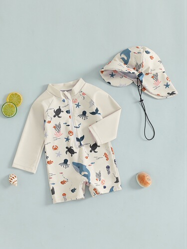 Kids Long Boys Sleeve Swimwear Casual Marine Animal Print
