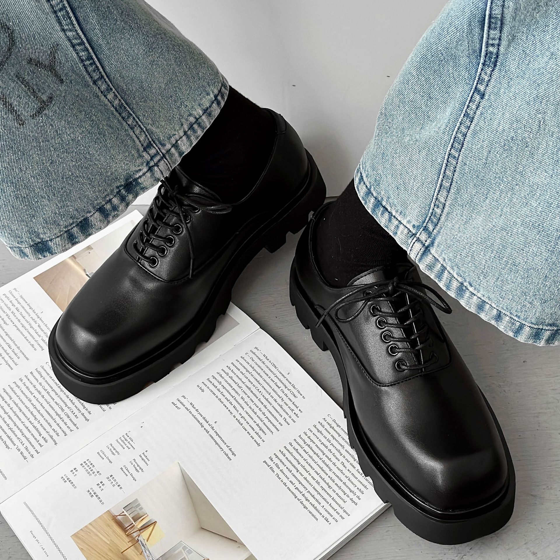 ShoeVault Herren-Loafer aus Leder mit eckiger Zehenpartie, hochwertige, dicksohlige Loafer im koreanischen Stil, schwarze Derby-Schuhe mit höhenverstärkender Wirkung_voghion.com