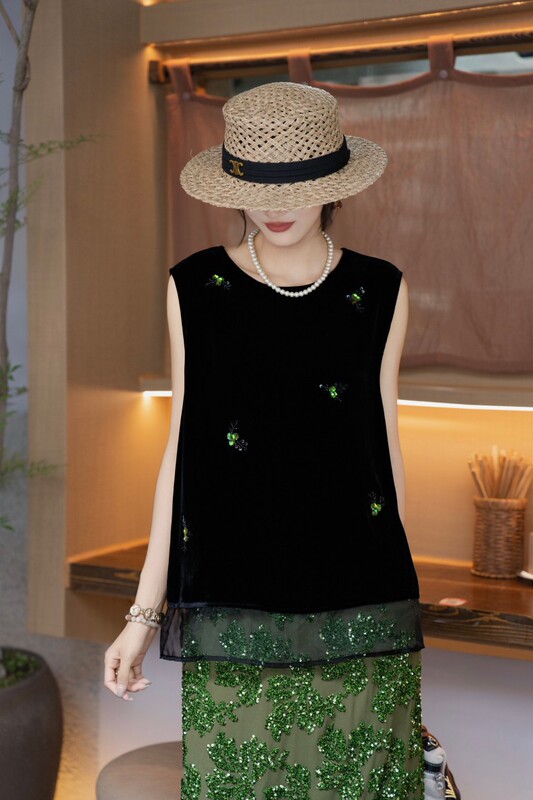 26 Summer Heavy-Duty Handmade Beaded Floral Hem Patchwork Organza Silk Velvet Sleeveless Top 73