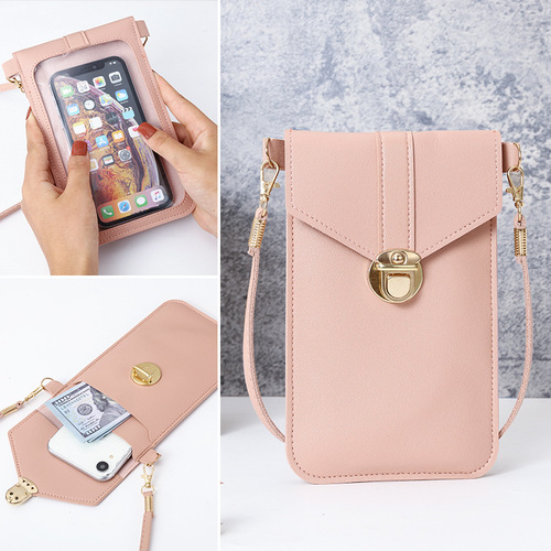  New Women's Fashion Lock-Clasp Crossbody PU Leather Touchscreen Phone Wallet, Vintage Style, with Buckle, Small Purse for Students
