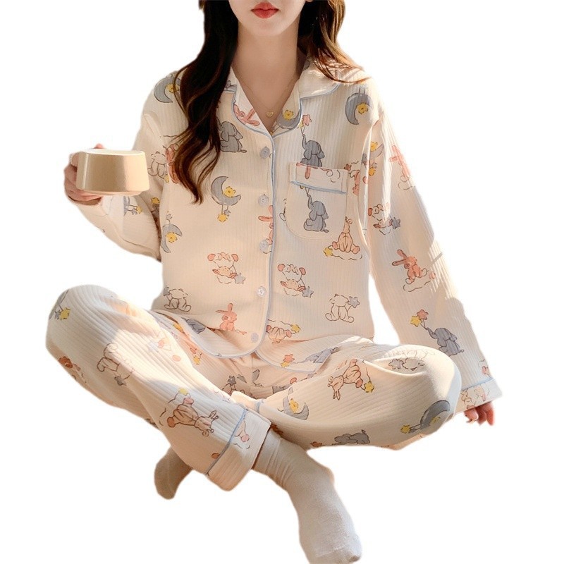Pijama de otoño y invierno de manga larga cardigan intercalación de aire caliente algodón antes y después del embarazo ropa de lactancia para el hogar image 5