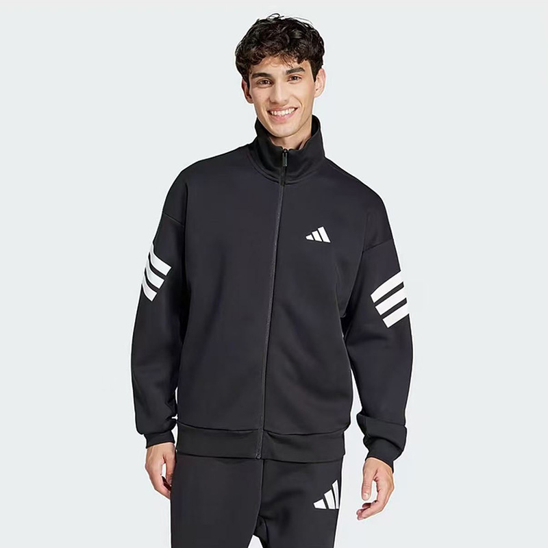 Adidas Casual Men's Stand-Up Collar Jacket with Three Stripes, Knitted Sports Top, Spring and Autumn Zip-Up Cardigan Jacket