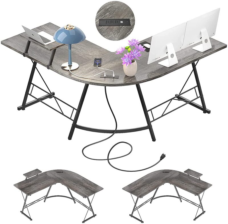 L-Shaped Desk Corner Desk with Sockets and USB Ports Computer Desk with Double-Sided Monitor Stand L-Shaped Gaming Desk