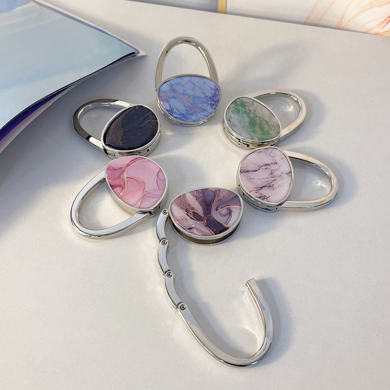New Folding Hook Oval Dropping Adhesive Marble Hook Women's Bag Hook Portable Bag Hook Table Side Hook