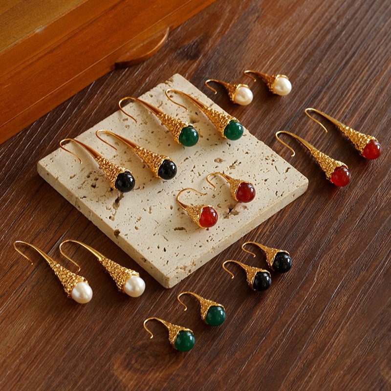 Ins Niche Drop-shaped Red Agate Texture Ear Hook Earrings Women's European and American Retro Fashionable Simple Agate Earrings