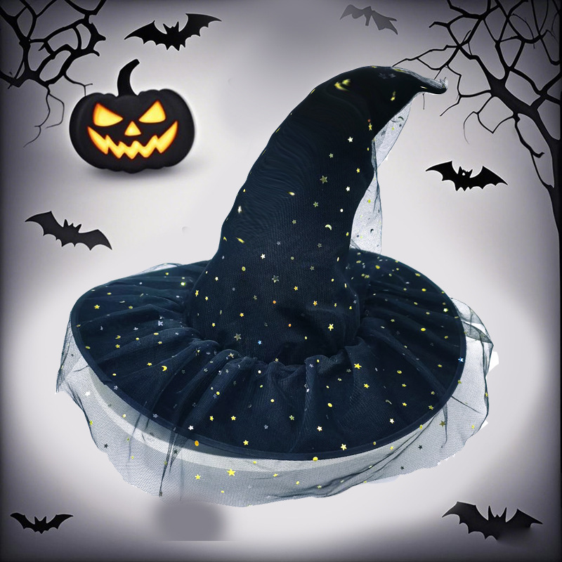 ハロウィンカーブ角しわベルベットウィザードハット大人の魔女マジシャンゴーストフェスティバルハット装飾メッシュハット|undefined