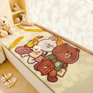 Cream Style Cartoon Bear Master Bedroom Bay Window Mat, Skin-Friendly Imitation Cashmere Balcony Cooling Mat, Easy-Care Room Bedside Blanket