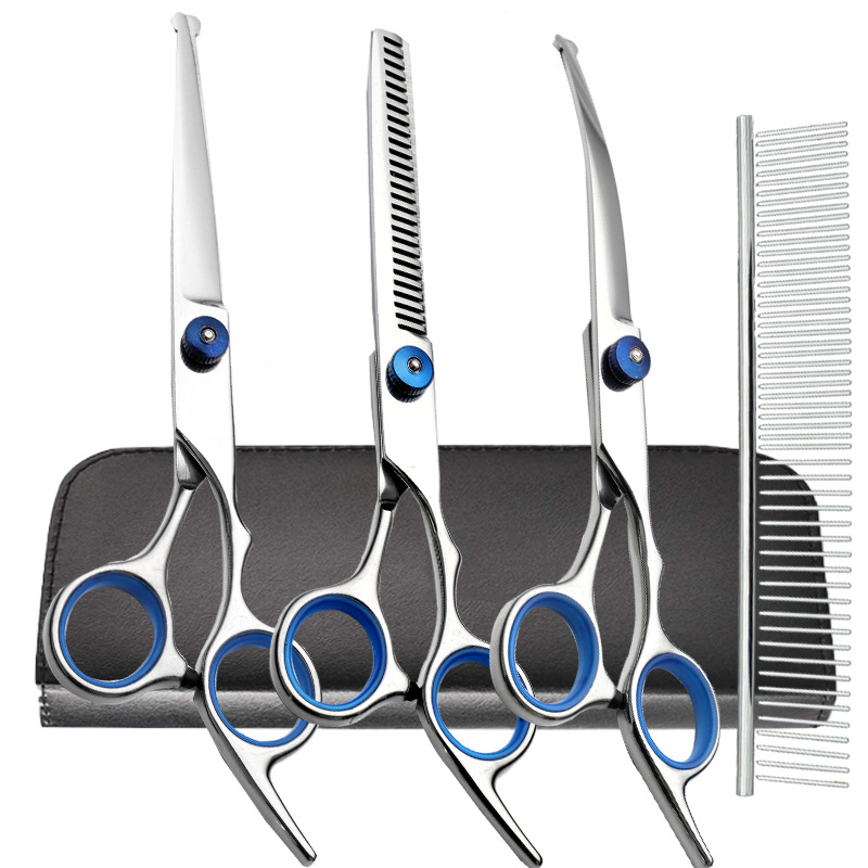 Venta directa transfronteriza tijeras de belleza para mascotas tijeras de corte de pelo de perro tijeras curvadas tijeras de corte de pelo de mascota profesional tijeras de dientes finos traje