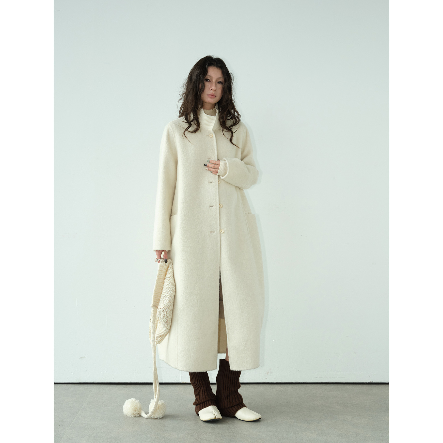 Comos Cms Ribbed Collar Long Double-Sided Cashmere Wool Outwear Jacket Women's Winter New Style 255266