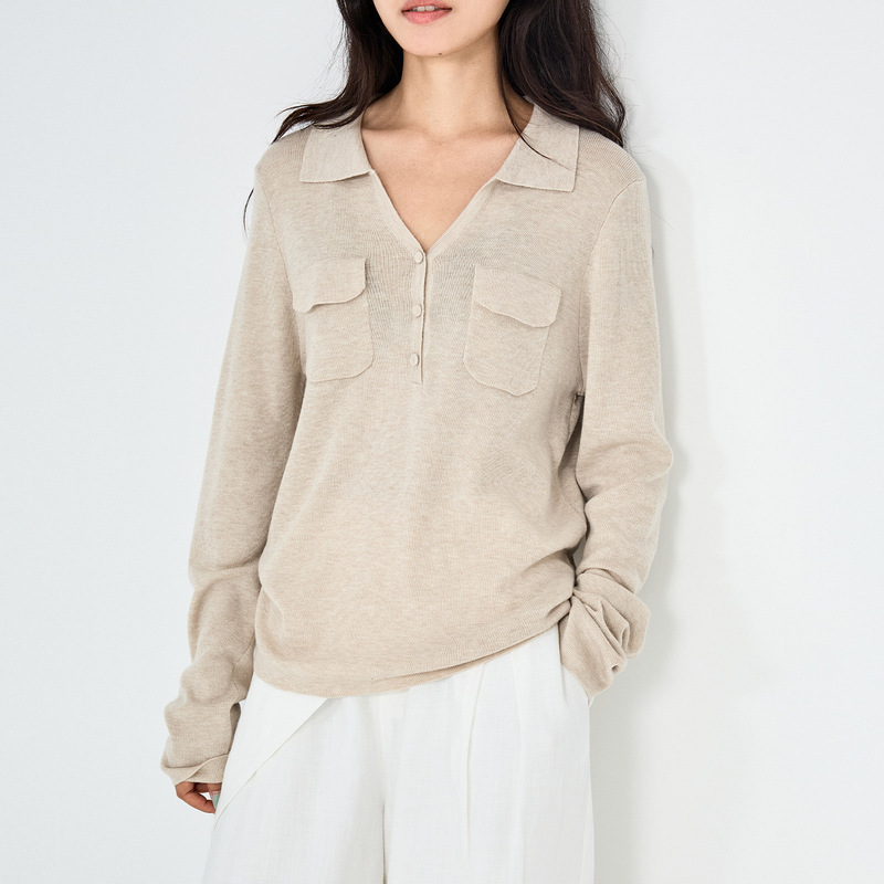 POLO collar women's wool knit sweater, early autumn new style, long-sleeved top with double pockets, elegant and sophisticated, perfect for layering POLO collar women's wool knit sweater, early autumn new style, long-sleeved top with double pockets, elegant and sophisticated, perfect for layering