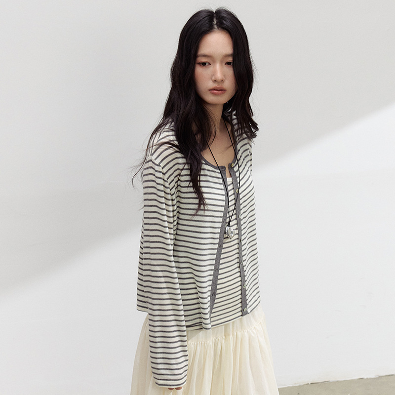 Spring and Summer Acetate Linen Cardigan for Women, New Tencel Lyocell Thin Versatile Jacket, Simple Buttoned Striped Top