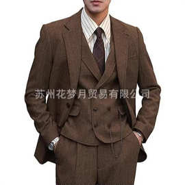 新款亚马逊西装男士人字纹套装三件套修身款商务伴郎服新郎结婚装