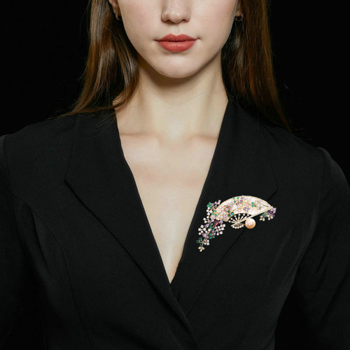 Elegant retro Chinese fan corsage coat cheongsam accessories set with zircon freshwater pearl fan brooch