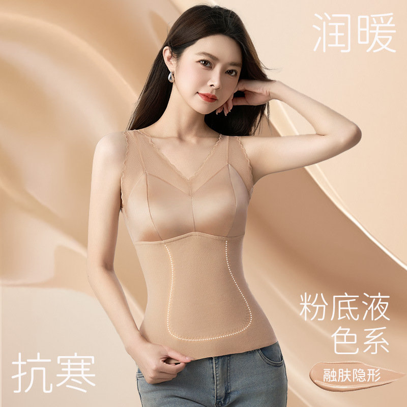 Otoño y invierno satén seda parche chaleco caliente de cuello en V para mujeres con cojín de pecho en una camiseta de estómago cerrada camiseta superior