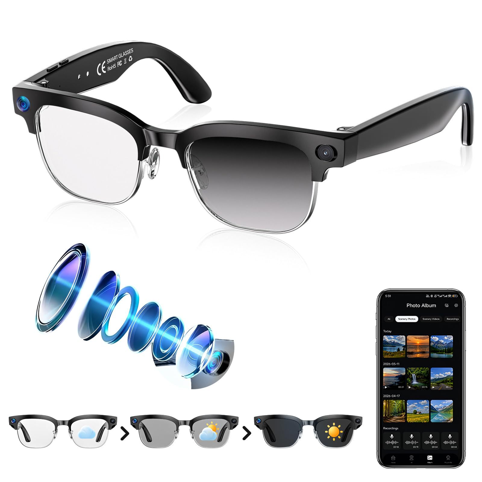 New W630 Smart Glasses With 8-megapixel Camera, Color-changing Lenses,...