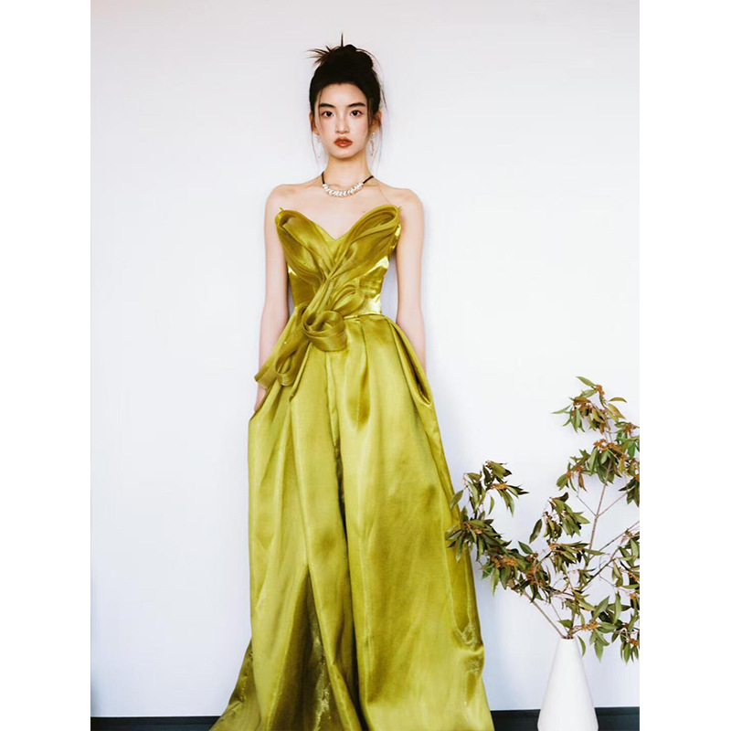 Strapless Bridal Gown for Women, Engagement Wedding Evening Dress, Yellow High-End Style, Daughter's Toast Dress, Light Wedding Dress