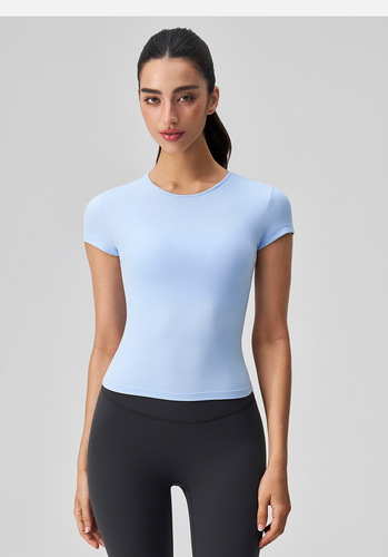 Spring and summer new style nude yoga suit, short-sleeved quick-drying all-match slim sports shirt, women's round collar, slimming fitness top