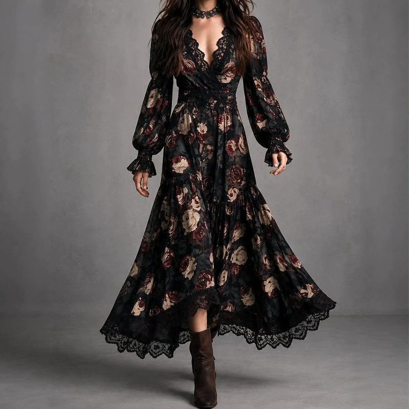 2026 European and American rose print deep V lace dress with lantern sleeves and irregular hem bohemian long dress