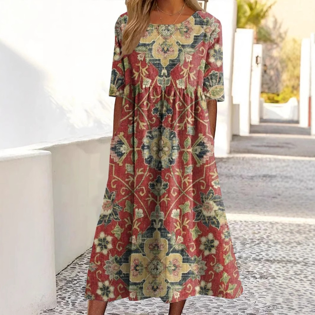 Women's Mid-Waist Summer Casual Round Neck Printed Flared Dress_ecoleips.com