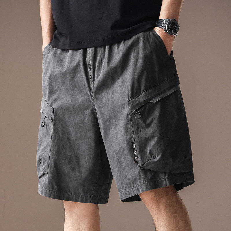 High-End Japanese Retro Washed Quick-Dry Cargo Shorts for Men, Summer New Style, Large Pockets, Loose Straight Five-Point Mid-Length Shorts