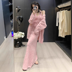 秋冬针织开衫外套女新款手工花朵慵懒宽松高级感毛衣半身裙三件套