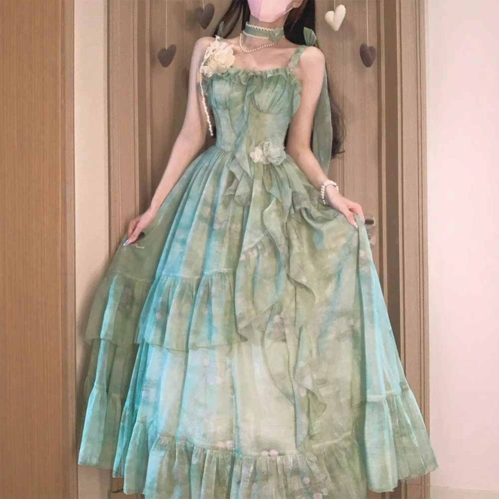 Французское платье в стиле лолиты для чайной паузы, платье беглой принцессы, платье на подтяжках с лесным цветочным принтом, элитное летнее нежное платье