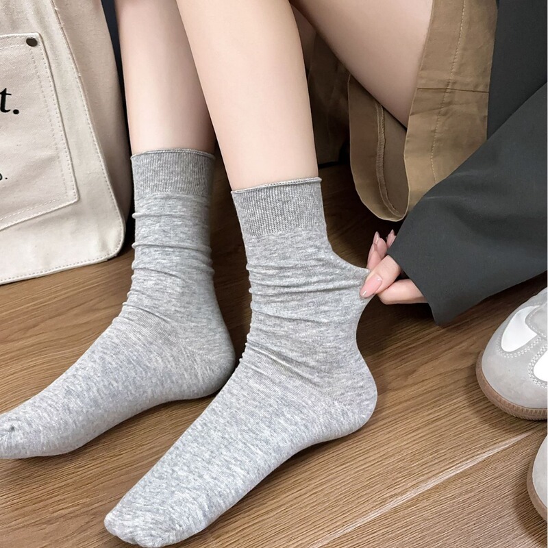 Basic pile socks one-piece boneless cotton socks women's spring and summer light gray mid-calf socks curling versatile casual socks wholesale Basic pile socks one-piece boneless cotton socks women's spring and summer light gray mid-calf socks curling versatile casual socks wholesale