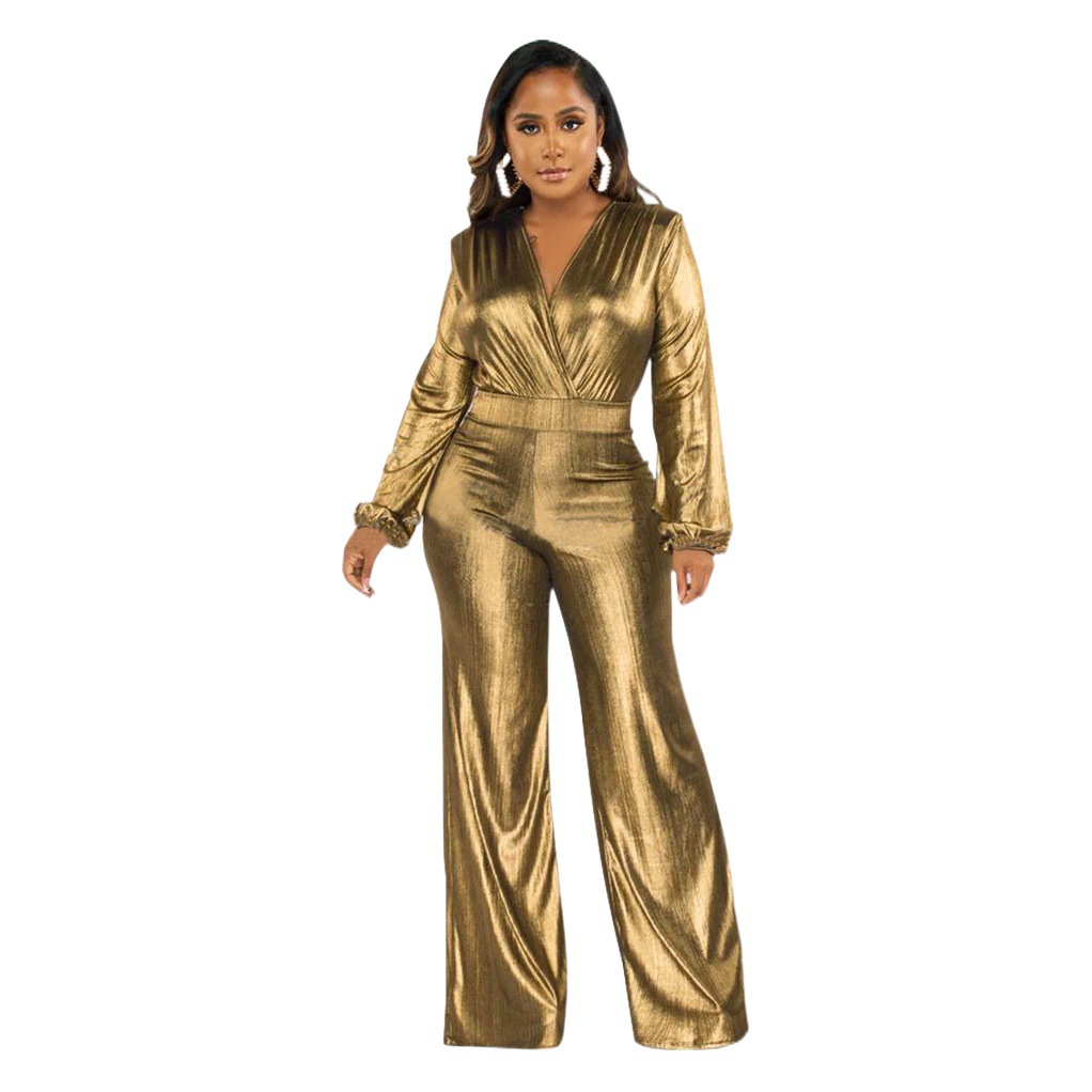 K10317 Ropa de mujer transfronteriza europea y americana, mono de moda sexy con mangas farol y estampado dorado, éxito de ventas en Amazon para otoño. image 1