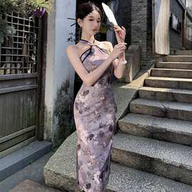 2025新款新中式改良旗袍挂脖露肩连衣裙女夏御姐高级性感包臀长裙