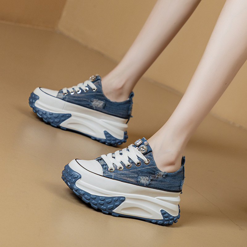 2023 Autumn New Casual White Shoes Fashionable Versatile Denim Retro Korean Style Height-Increasing Sneakers Women's Shoes
